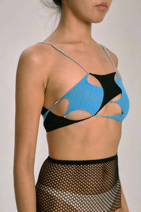 Rui Zhou R003 Series Contrast Color Cross Crystal Pearl Chain Suspender Tube Top RUI-SS21-R003-HEILAN Black/Azure